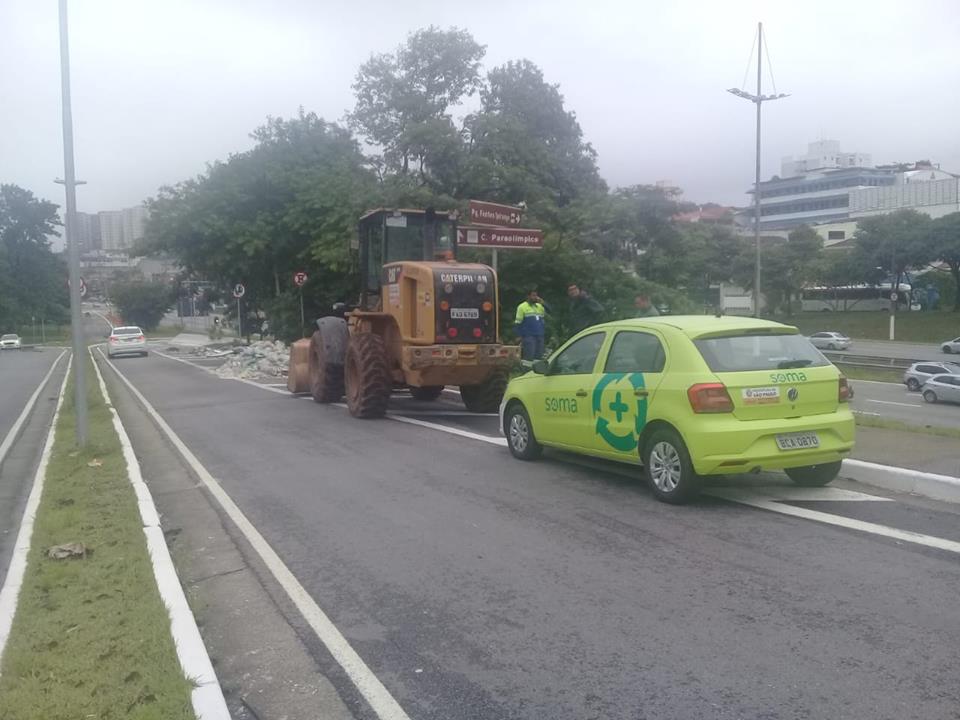 Foto retrata o descaso com o lixo. Divida ao meio, no lado a foto mostra o acesso à rodovia Imigrantes com uma pilha de entulhos jogada em cima da faixa zebrada e assim atrapalhando o trânsito. E o caminhão da zeladoria  para recolher o entulho .