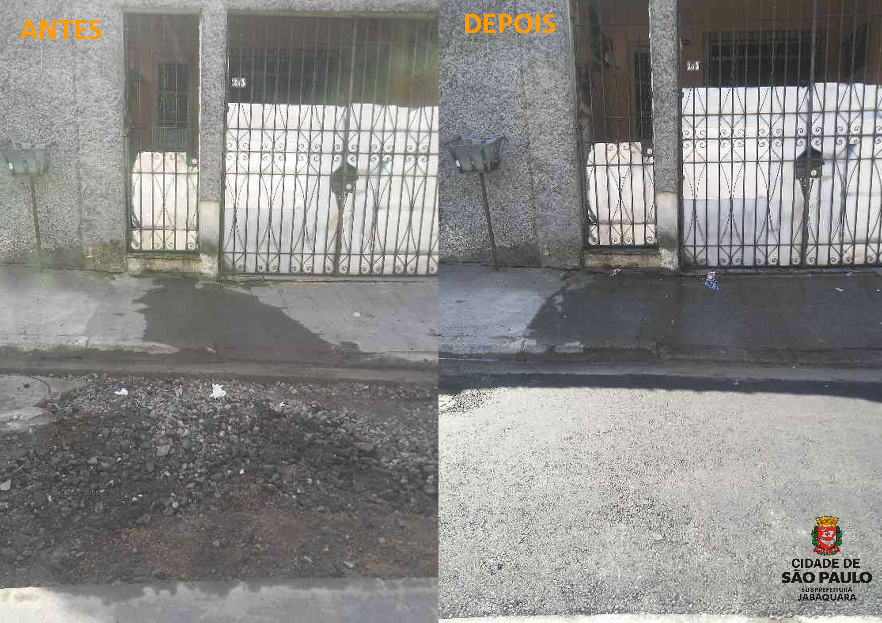 Foto do antes e depois do tapa-buraco conservação pavimento viário