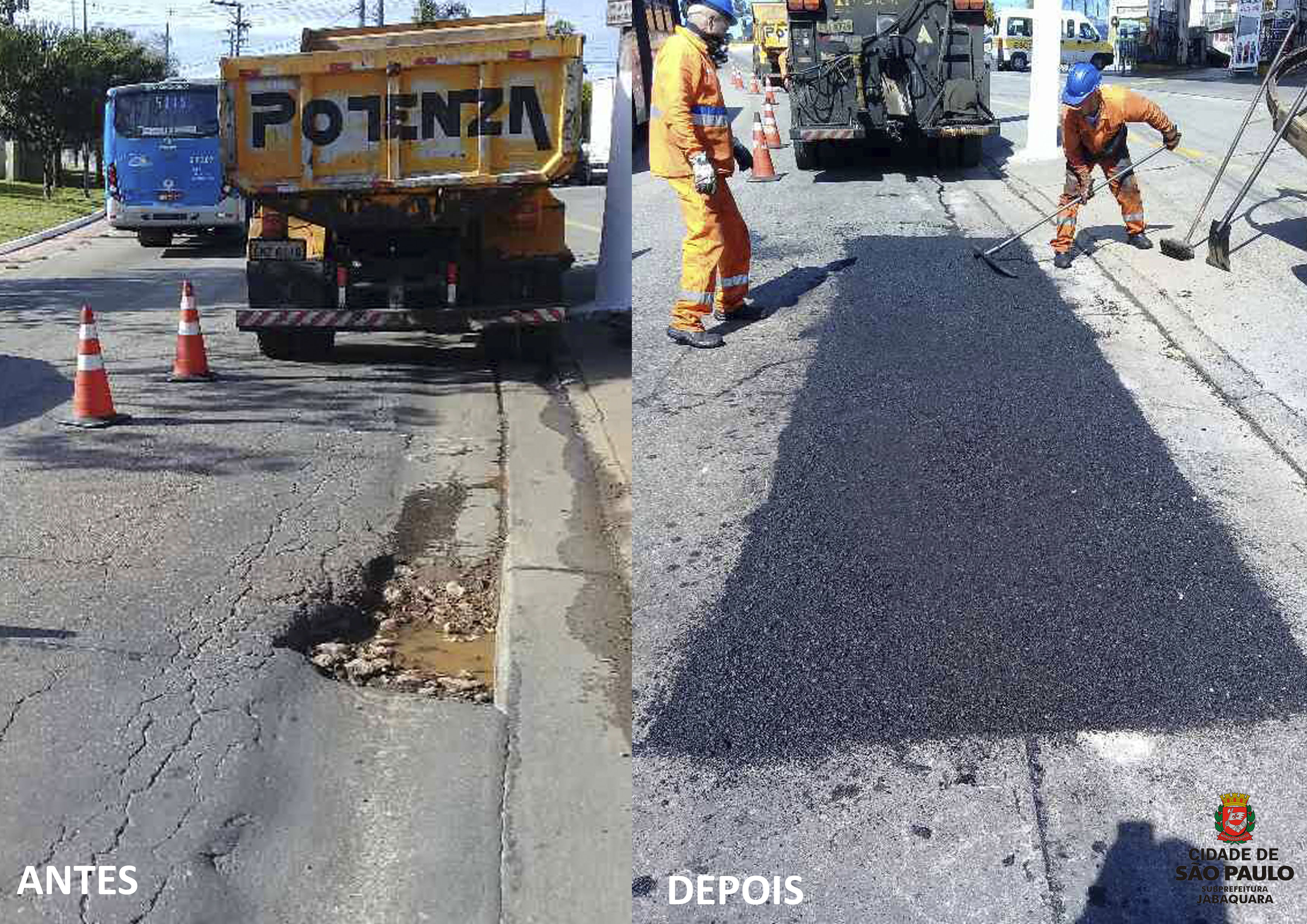 Foto do antes e depois  tapa-buraco conservação pavimento viário
