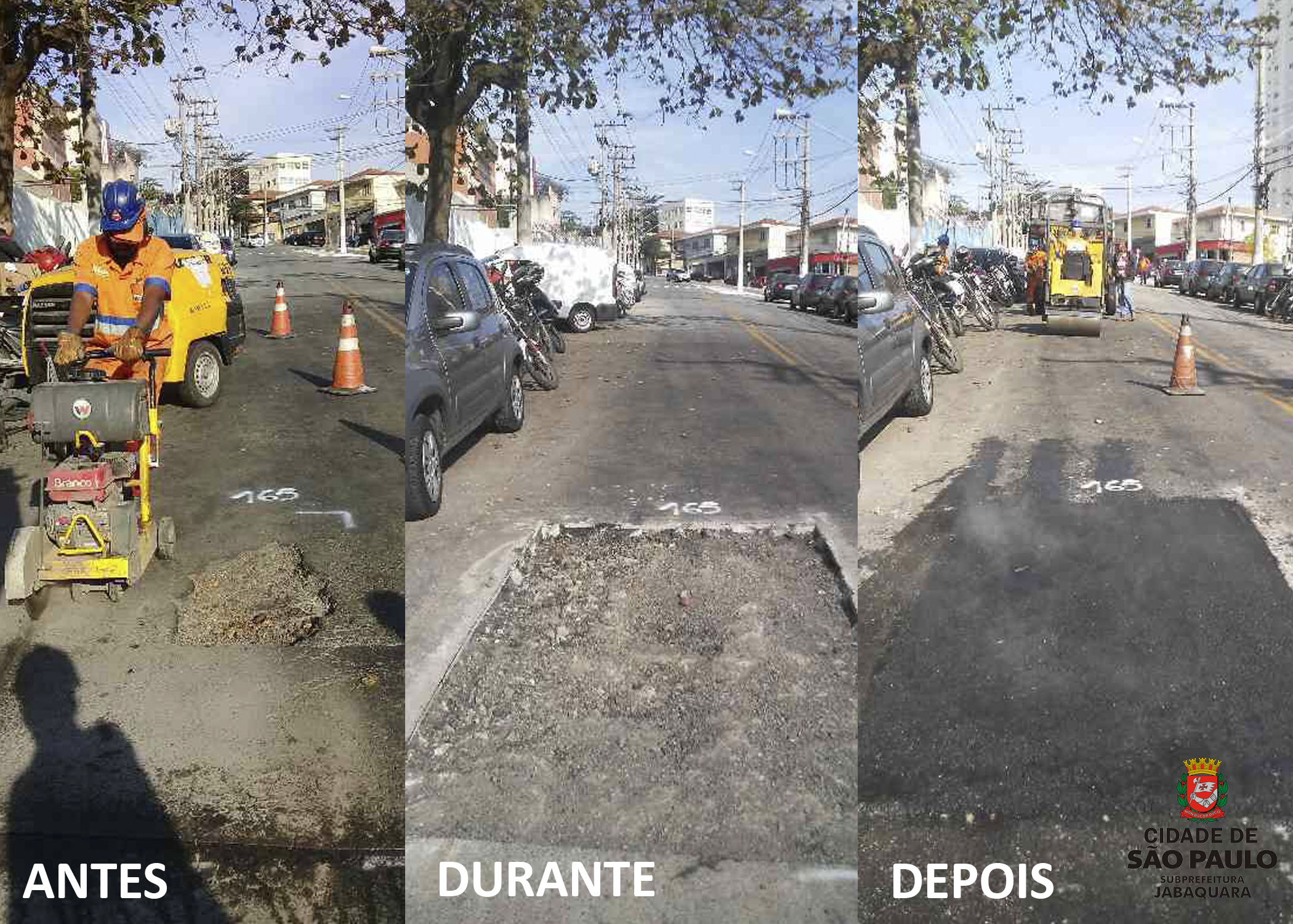 Foto do antes e depois  tapa-buraco conservação pavimento viário