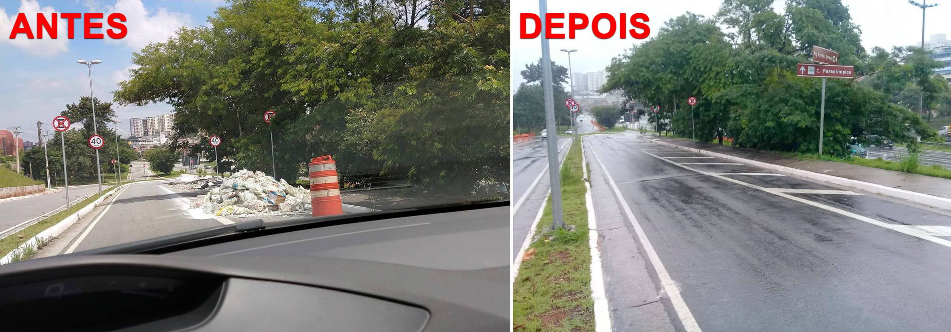 Foto retrata o descaso com o lixo. Divida ao meio, no lado a foto mostra o acesso à rodovia Imigrantes com uma pilha de entulhos jogada em cima da faixa zebrada e assim atrapalhando o trânsito. No lado direito o mesmo local com a equipe de limpeza tirando a pilha de entulho que está ali,