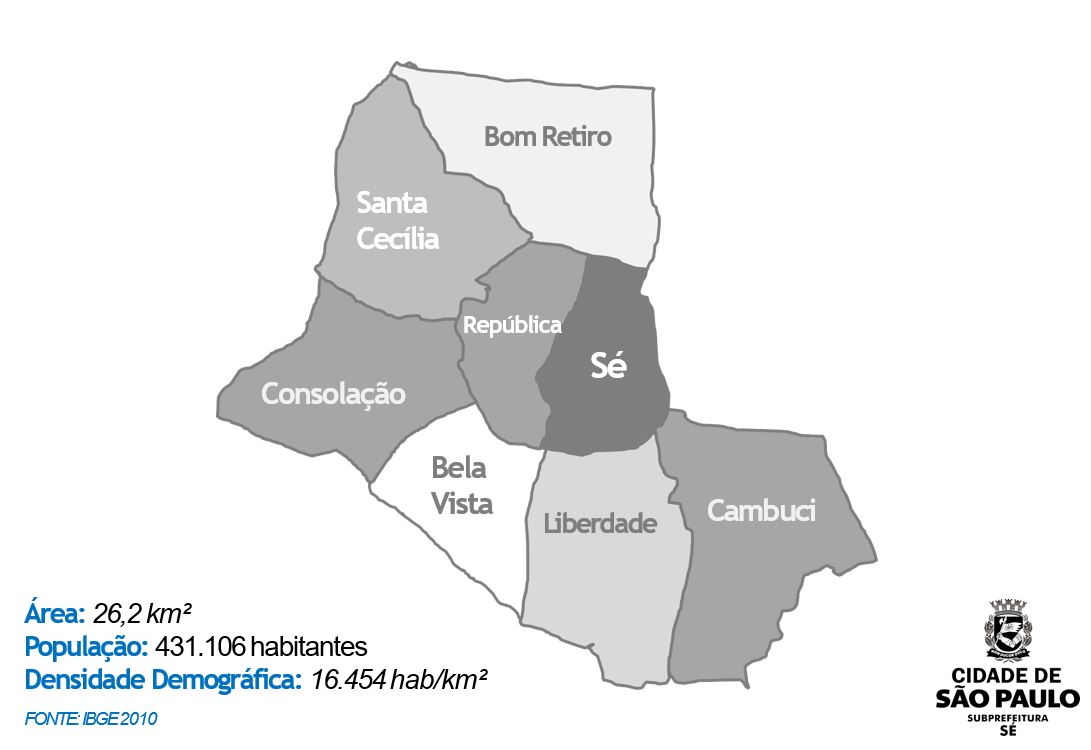 Mapa dos oito distritos administrados pela Subprefeitura Sé. Há o logotipo da Subprefeitura Sé.