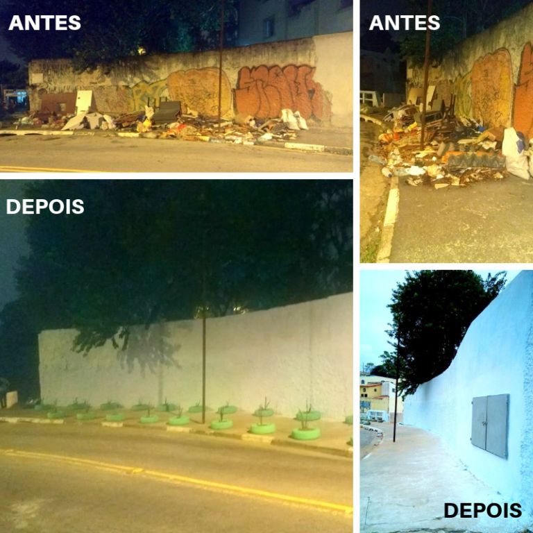 Montagem de 4 imagens do antes e depois dos trabalhos de zeladoria na rua Reverendo Israel Viieira Ferreira, na Vila Medeiros