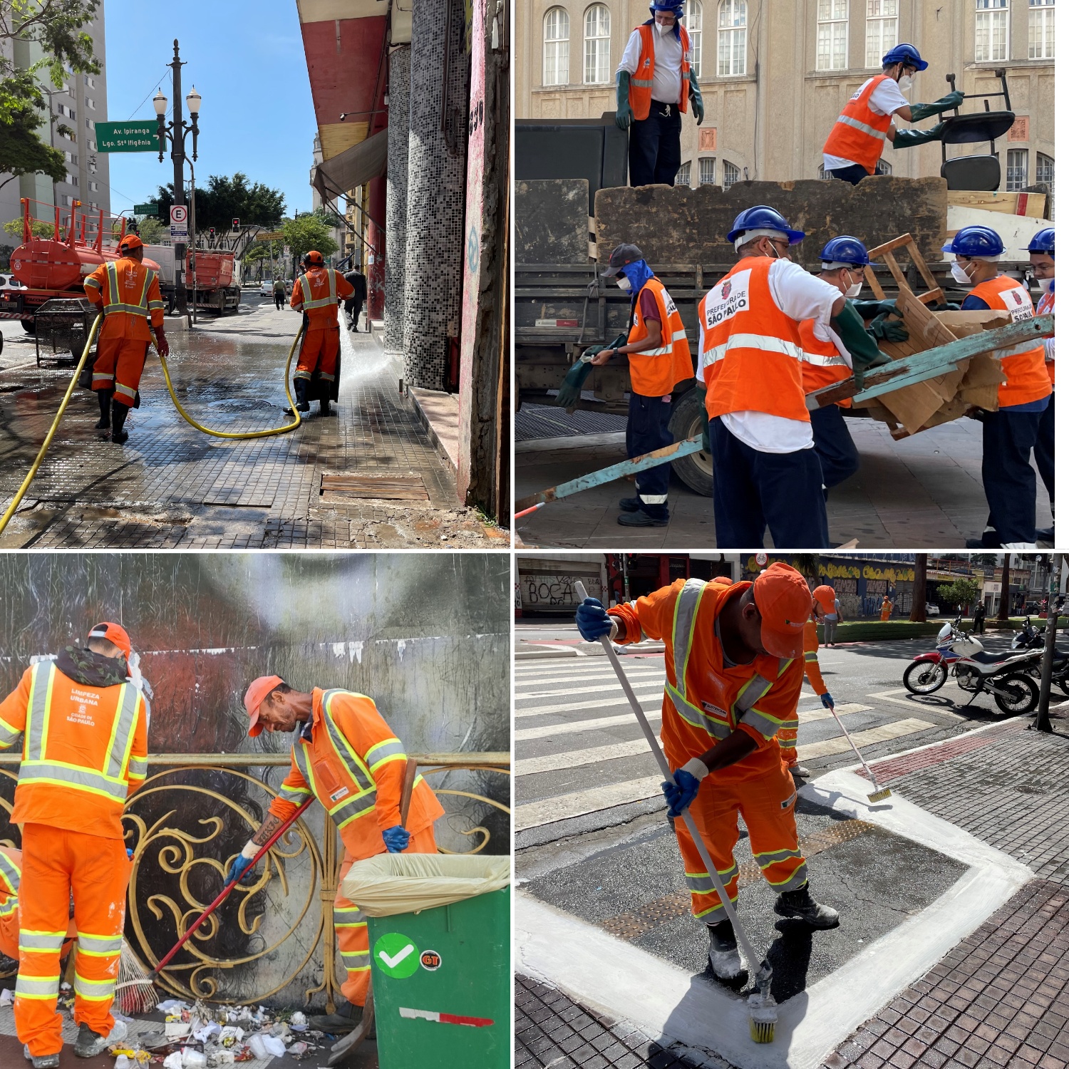 Uma imagem dividida em quatro. Na primeira imagem dois funcionários da Sustentare realizam lavagem na calçada utilizando uma mangueira conectada com um caminhão Pipa. Na segunda imagem sete funcionários da Sustentare carregam um caminhão com pedaços de madeira, uma cadeira e algumas tabuas de madeira. Na terceira imagem dois funcionários da Sustentare varrem o chão de uma calçada, utilizando vassoura e um baude de lixo. Na quarta imagem, dois funcionários pintam o entorno de uma rampa de acessibilidade