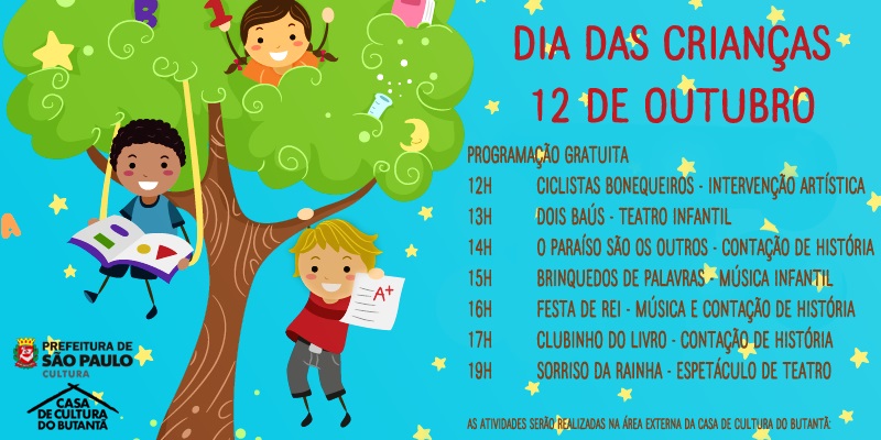 Cartaz com a programação do evento, com desenho de três crianças brincando encima de uma árvore