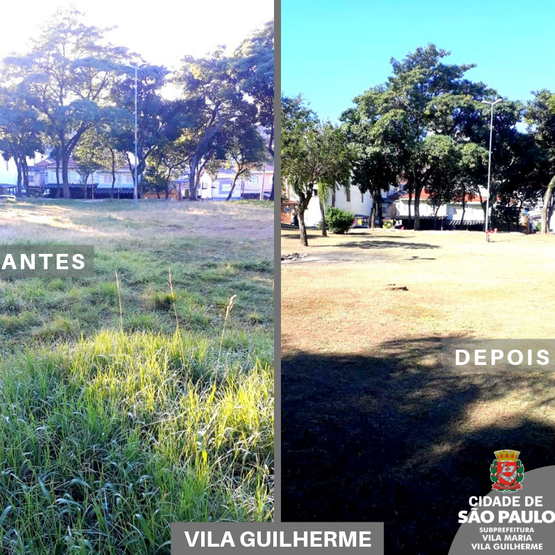 Imagem dividida na vertical entre antes e depois. Na imagem de antes, uma vasta praça com mato alto. Na imagem do depois, a mesma praça com mato cortado