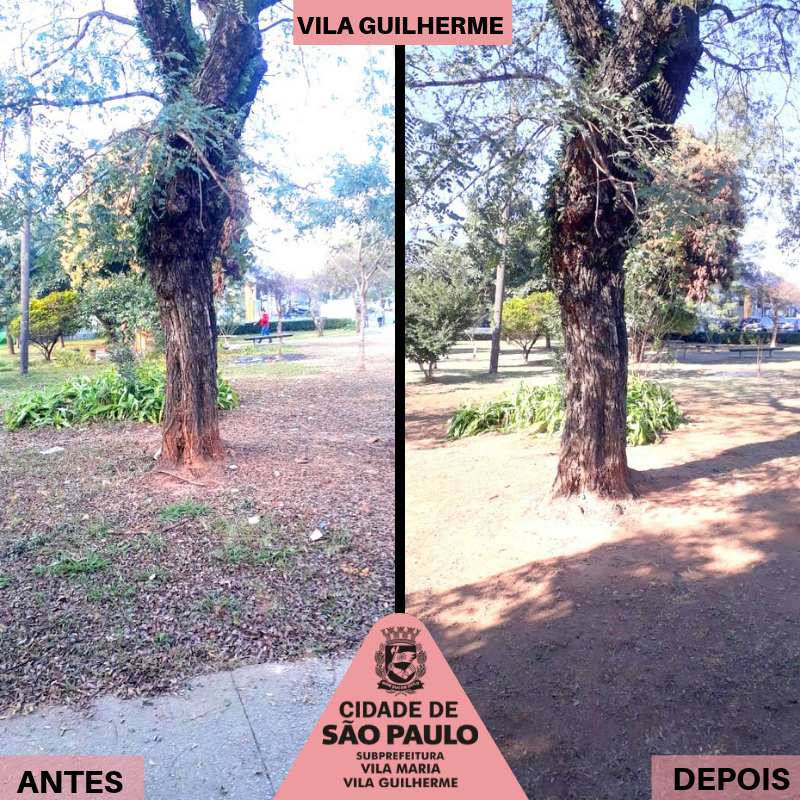 Imagem de antes e depois dividida na vertical. Na imagem da esquerda, o antes: um parque com grama por cortar e sujeiras. Na imagem do depois, a grama já cortada e o terreno limpo