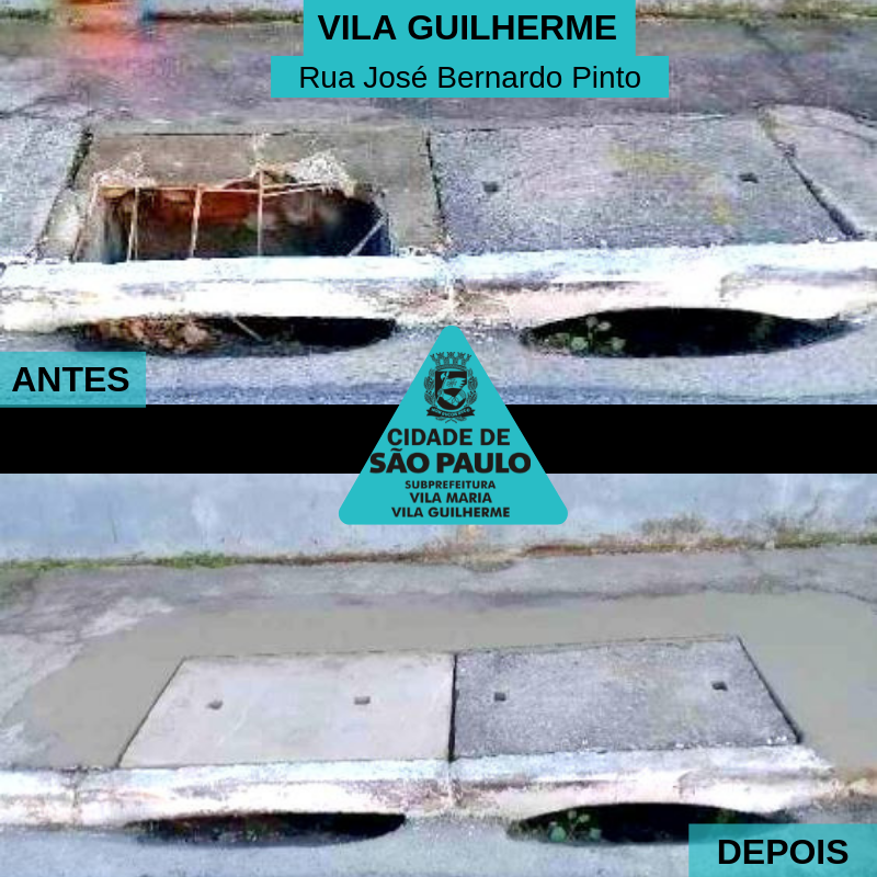 Imagem de antes e depois dividida na horizontal. Na parte de cima, duas tampas de bueiro em uma calçada totalmente destroídas. Na imagem de baixo, as tampas já reformadas e o passeio ao seu entorno também cimentado