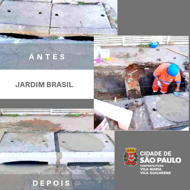 Imagem dividida em três fotos retratando o antes e depois. Na primeira imagem, as bocas de lobo antigas e deterioradas, na segunda imagem, ao lado, um profissional está dentro do bueiro reformando sua caixa de galeria. Na imagem três, a boca de lobo reformada