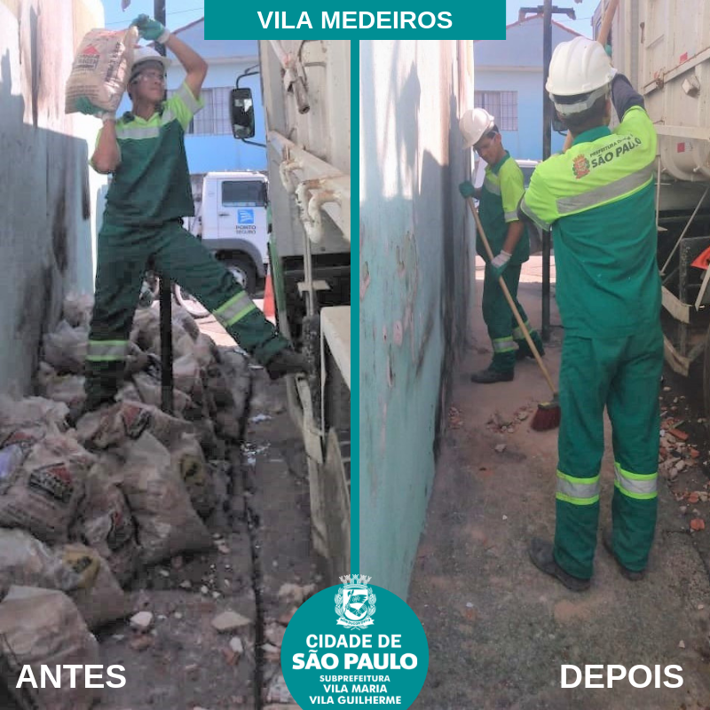 Imagem dividida entre antes e depois. Na imagem de antes uma calçada repleta de entulho com um profissional fazendo a retirada. Na imagem de depois, dois profissionais finalizam a limpeza da calçada que já está sem os entulhos