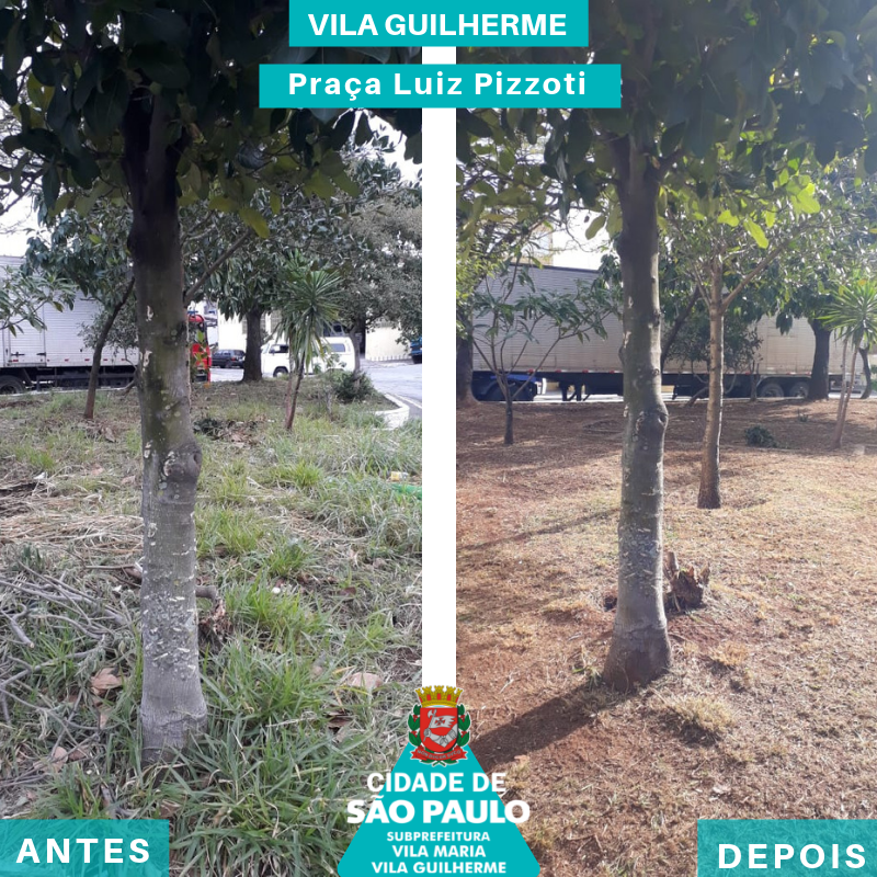 Imagem dividida na vertical entre antes e depois de praça citada, no canto esquerdo, mato alto, no canto direito, mato cortado