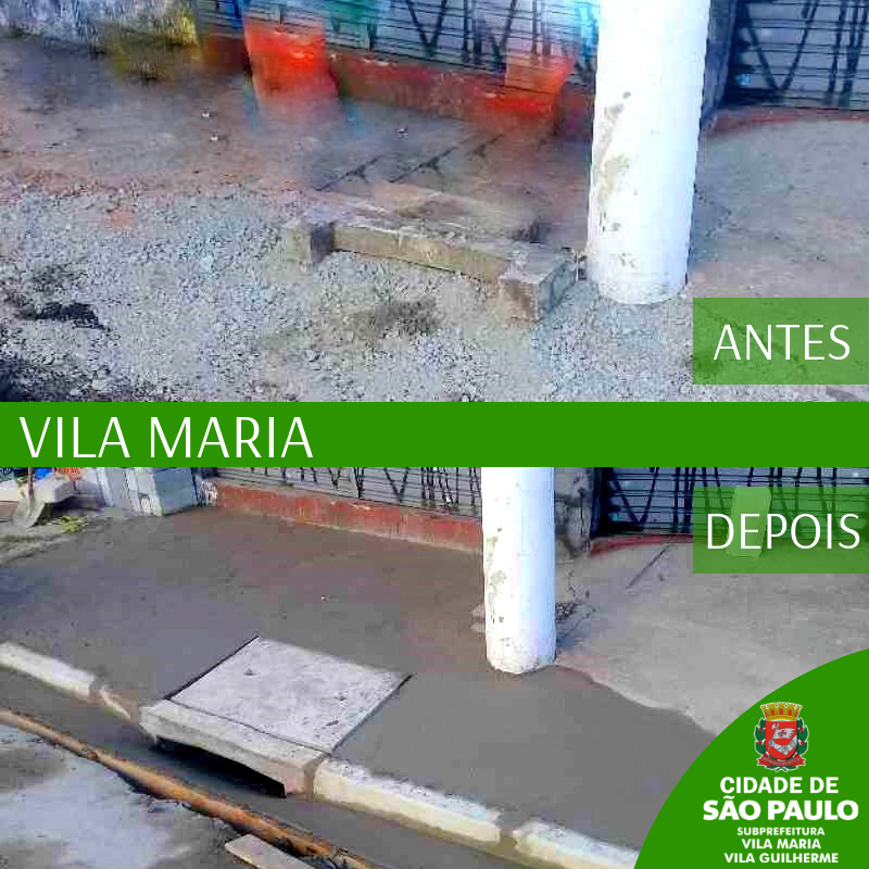 Imagem do antes e depois dividida na horizontal. Na imagem de cima, obras de construção da caixa de um bueiro, ou boca de lobo. o calçamento no entorno também está danificado e em obras. Na imagem de baixo, a obra já acabada, com tampa de bueiro nova e passeio cimentado. O cimento está fresco