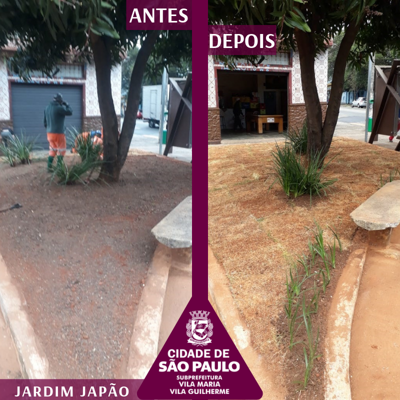 Imagem do antes e depois dividida na vertical. Na imagem do antes, a esqeurda, um canteiro de uma praça apenas com terra. Há profissionais no fundo da imagem já começando a plantar. A imagem da direita mostra o canteiro já com a grama plantada