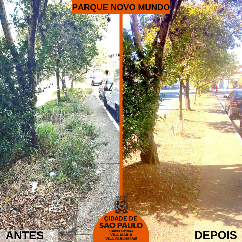 Imagem de Antes e Depois, canteiro central no Parque Novo Mundo. Na imagem de antes, mato alto e sujeira, na imagem do depois, calçada limpa