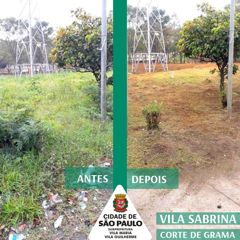 Imagem de antes e depois dividida na vertical. Na imagem da esquerda, que retrata o antes, o mato está alto, a calçada está muito suja, há uma antena de transmissão ao fundo da imagem. Na imagem do depois, o mato está cortado e a calçada limpa. 