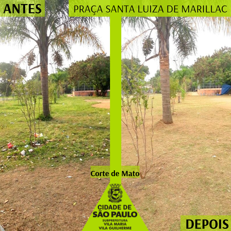 Imagem de antes e depois dividida na vertical. Na imagem da esquerda, um mato por cortar na praça Santa Luzia de Marilac. Na imagem da direita esse pedaço da praça já cortado