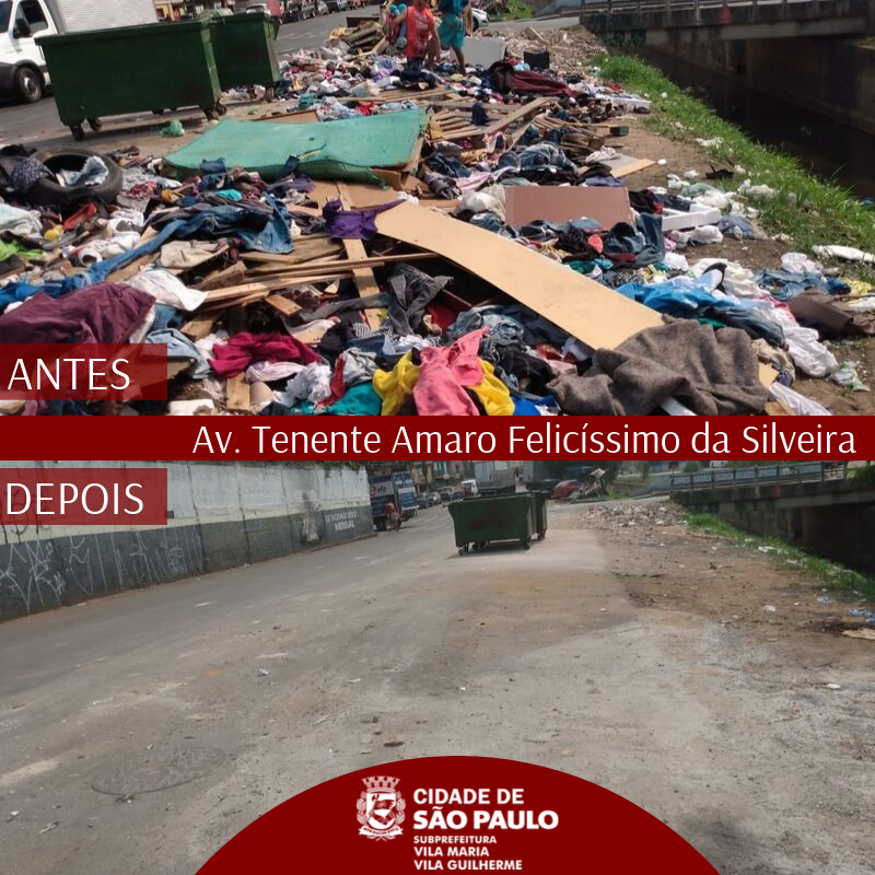 Imagem de antes e depois dividida na horizontal. Na imagem de cima, o local repleto de lixo, de toda a espécie. Na imagem de baixo, o local já limpo. A beira do córrego na Av. Tenente Amaro