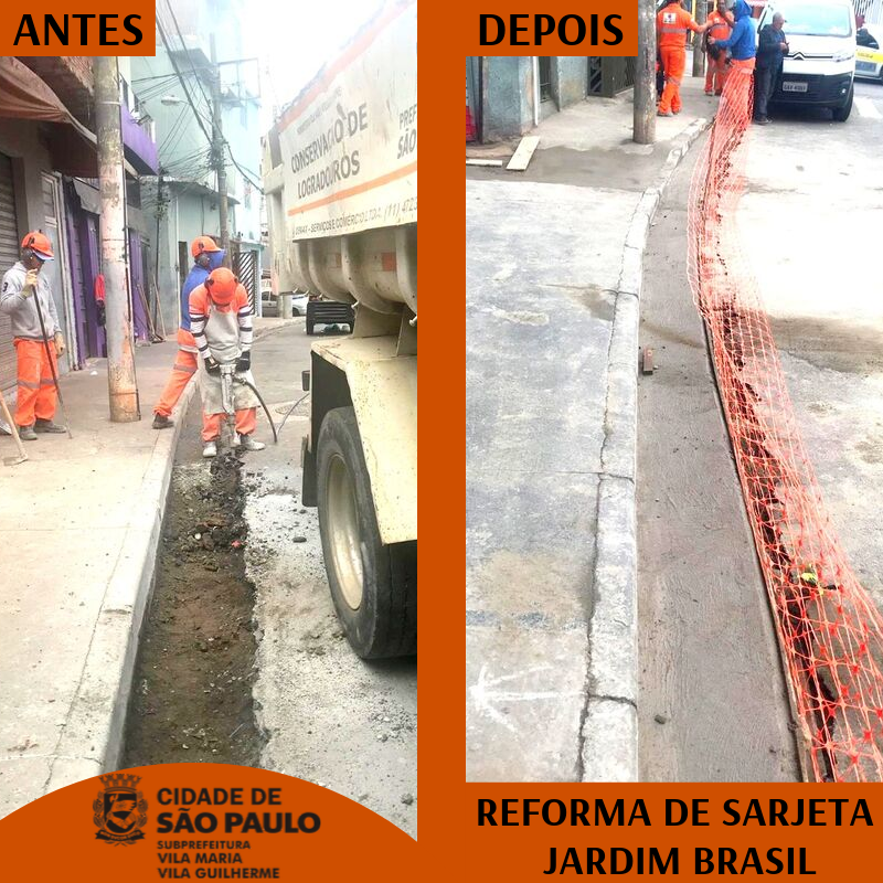 Imagem de antes e depois dividida na vertical. Na imagem da esquerda, um proficcional trabalha com um britadeira abrindo o espaço para a nova concretagem para a sarjeta. Na da direita, a imagem do mesmo ângulo com a sarjeta já pronta