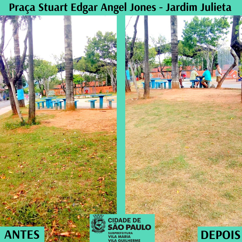 I,agem dividida na vertical. O jogo de duas imagens em uma mopldura verde água mostra na parte da esquerda o gramado da Praça Stuart Edgar Angels ainda alto, na parte da diretita retrata o mesmo angulo só que após os serviços. A praça está com o mato cortado nessa foto