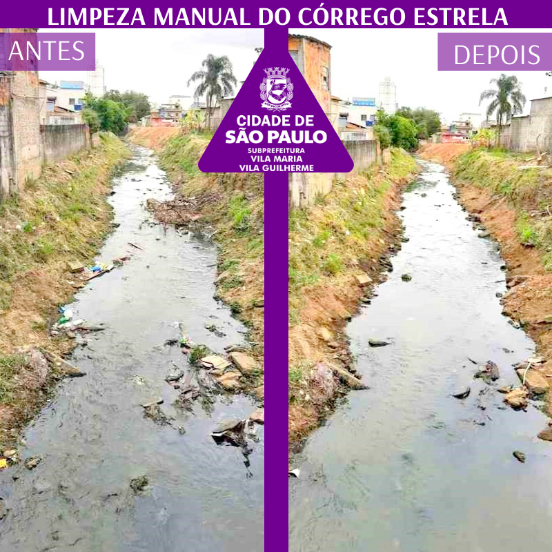 Imagem dividida na vertical. Em uma moldura em violeta, retrata em duas imagens o antes e depois da limpeza manual de córrego. Na imagem da esquerda, o córrego com sujeiras em seu leito. Na imagem da direita, o mesmo Ângulo retrata o córrego limpo em seu leito