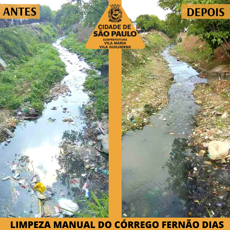 Imagem dividida na vertical com duas fotos retratando o antes e depois de uma limpeza de córregos. Na imagem da esquerda p leito sujo. Na imagem da direita, o leito limpo. As duas imagens estão em uma moldura amarelo manga e foram tiradas do mesmo Ângulo para mostrar o resultado do serviço