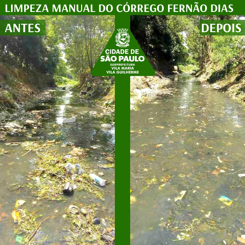 Imagem dividida na vertical em duas fotos que retratam o antes e depois da limpeza de um trecho do córrego Fernão Dias. Na imagem da esquerda o leito completamente sujo. Na foto da direita totalmente limpo. As duas fotos estão numa moldura verde