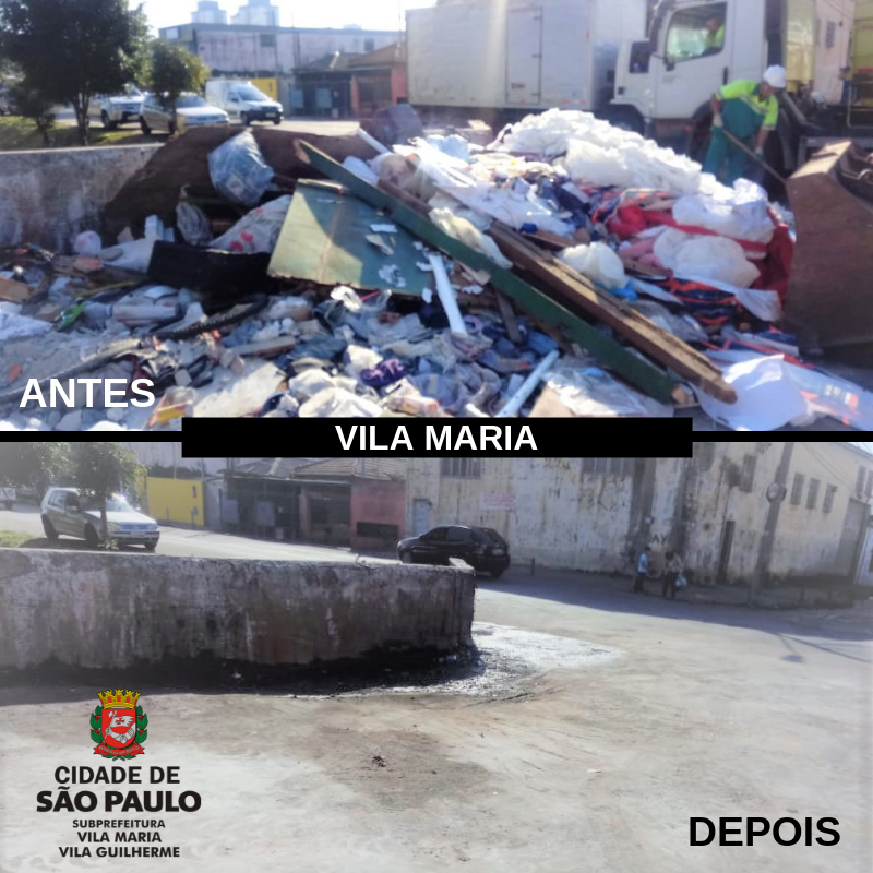 Imagem de Antes e depois. Na imagem de antes, na Vila Maria, muito entulho e lixo, na imagem do depois, abaixo da imagem de antes, o local já limpo