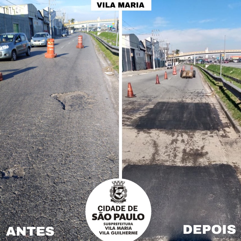 Imagem dividida entre antes e depois. Na de antes, um buraco na via localizada na pista local da Via Dutra, na imagem da direita, que retrata o depois, o buraco tapado