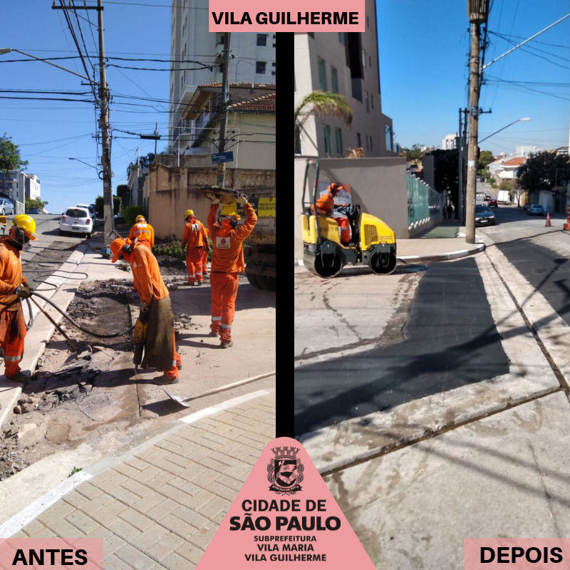 Imagem dividida em antes e depois na vertical. Na da esquerda trabalhadores quebram com britadeira a borda de um sarjetão para o preparo de aplicação de massa. Na imagem da esquerda, a massa já aplicada