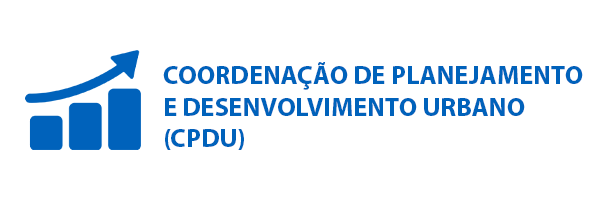 Ilustração de um gráfico associado a uma construção contornados por uma seta apontando para cima. Ao lado a escrita: COORDENAÇÃO DE PLANEJAMENTO E DESENVOLVIMENTO URBANO (CPDU)
