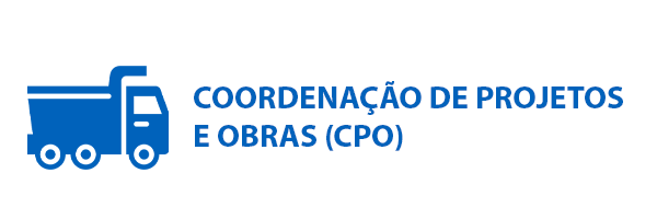 Ilustração de um caminhão e obras com caçamba de areia. Ao lado a escrita: COORDENAÇÃO DE PROJETO E OBRAS (CPO)