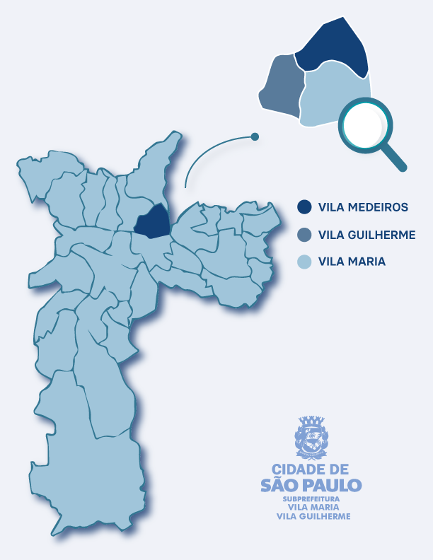 Ilustração do mapa do município de SP na cor azul e em azul escuro destacado as áreas que compreendem a Subprefeitura: Vila Medeiros, Vila Guilherme e Vila Maria
