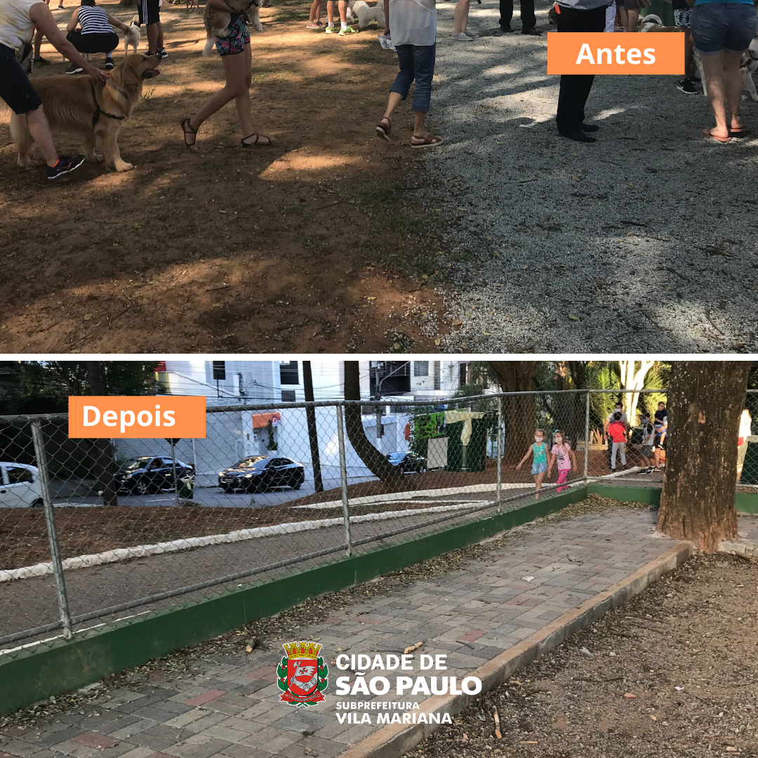 montagem com duas fotos do local, antes com pedriscos e atualmente com o novo calçamento no entorno do parcão manchinha, feito com piso intertravado cinza e vermelho. Na parte de baixo, há o logotipo da Subprefeitura Vila Mariana