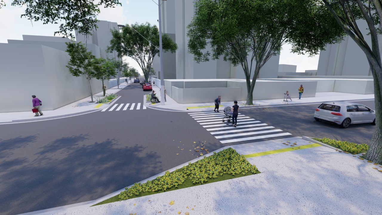 visão geral do projeto de requalificação da esquina das ruas décio com uvaias que mostra mais arborização, esquinas rebaixadas e faixas de pedestres