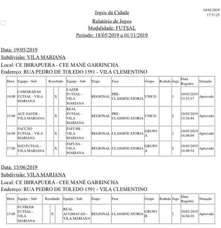 tabela dos jogos de futsal e futebol de campo na região da Vila Mariana