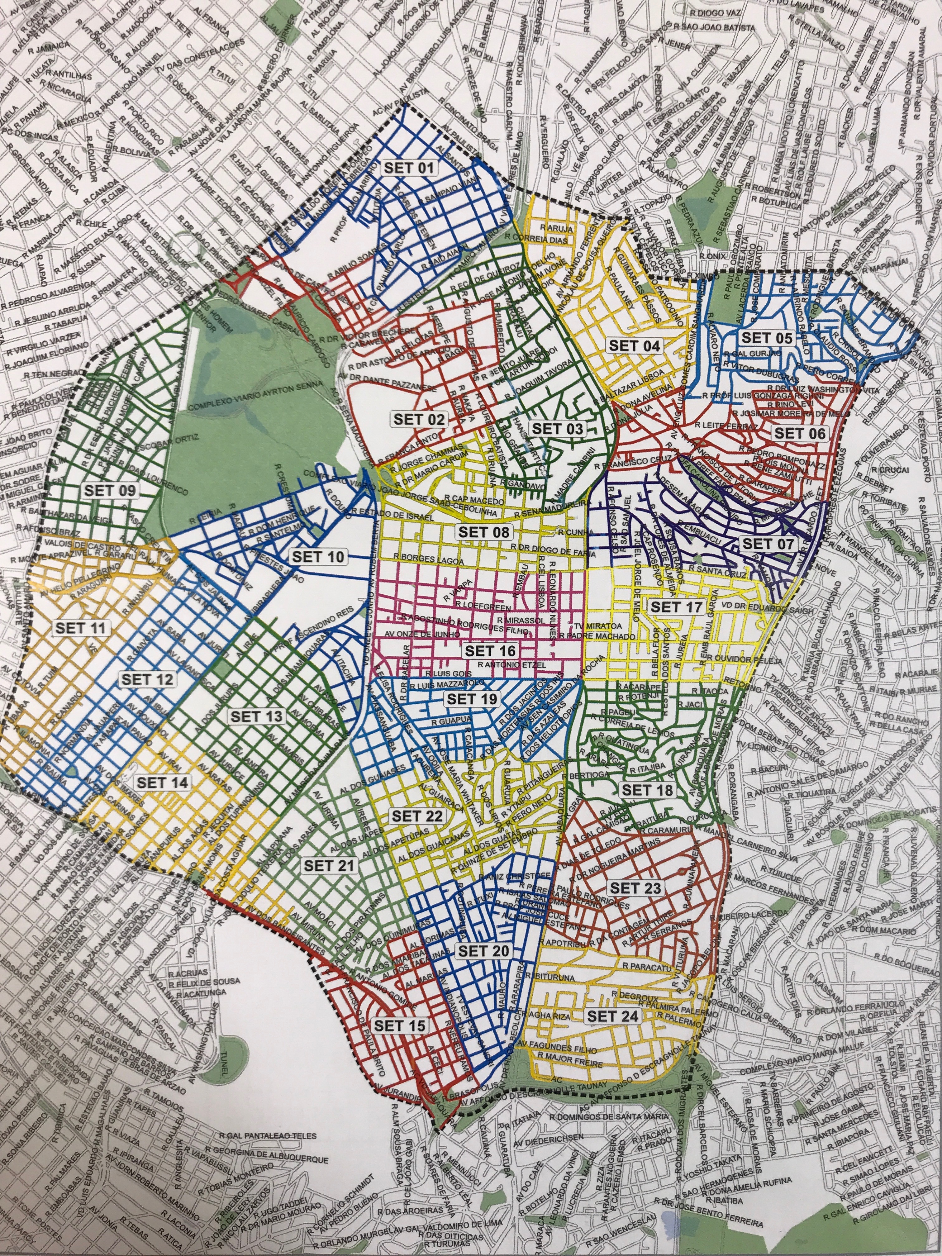 mapa da operação cata-bagulho com os 24 setores incluídos na operação na Subprefeitura Vila Mariana
