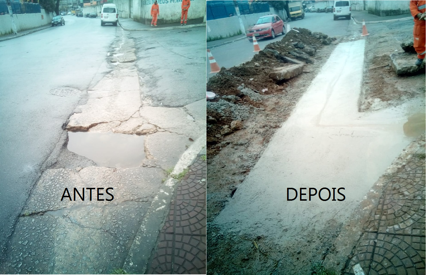 À esquerda, canaleta de um cruzamento de ruas esburacada, com água acumulada; à direita, Canaleta cruzando uma esquina, foi refeita, com concreto novo. Entulho ainda está para ser recolhido