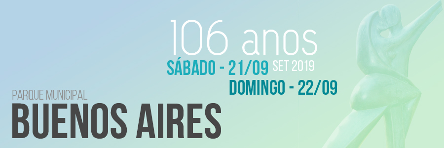 Arte com fundo azul-claro e a figura de um casal dançando tango à direita. À esquerda, está o nome "Parque Municipal Buenos Aires" e, ao centro, as informações "106 anos | set 2019 | sábado - 21/09 | domingo - 22/09".