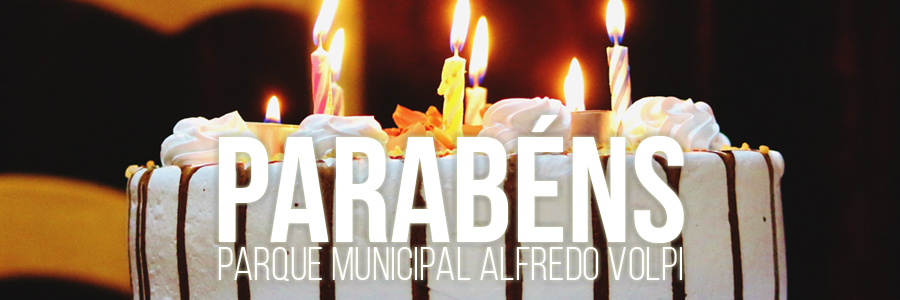Fotografia de um bolo decorado com cobertura e velas de aniversário. Os dizeres: "Parabéns, Parque Municipal Alfredo Volpi" estão aplicados sobre a imagem.