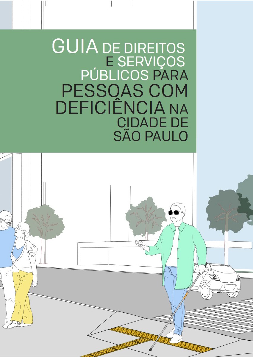 Guia de Direitos e Serviços Públicos para Pessoas com Deficiência na Cidade de São Paulo  - ilustração de uma pessoa cega atravessa o farol com guia rebaixadas, sinalização e piso tátil. Ela usa uma bengaça branca.