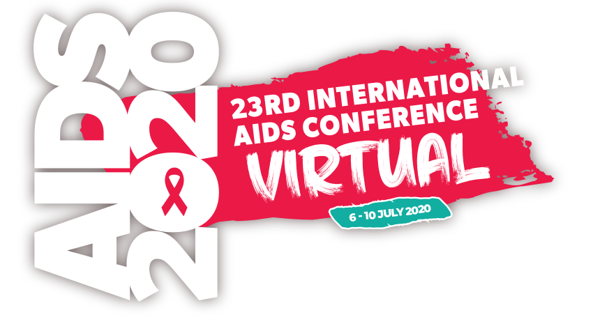 Pra Cego Ver: Logo da 23ª Conferência Internacional de Aids composto por uma faixa vermelha ao fundo com o nome do congresso ao centro. Ao lado direito, há o texto AIDS 2020 em branco, escrito na vertical e dentro do primeiro zero há um laço vermelho. Abaixo da imagem há uma caixa verde com o texto 6-10 julho.