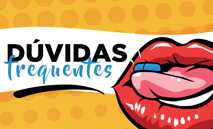 Pra Cego Ver: Banner com fundo amarelo e faixa branca ao centro. Na faixa há o texto Dúvidas Frequente, escrito em preto e azul. AO lado direito da arte, meio centralizado, há uma ilustração de uma boca com uma língua para fora. Na ponta da língua há um comprimido azul.