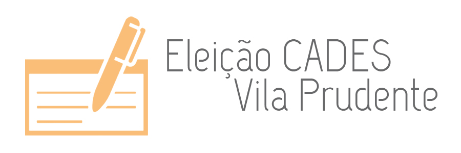 Imagem com fundo branco. À esquerda, está a figura de uma cédula de voto e uma canela com contornos laranjas. À direita, estão os dizeres: "Eleição CADES Vila Prudente".