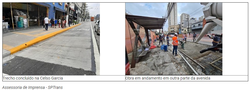 A imagem da esquerda mostra um trecho construído com o pavimento rígido na Celso Garcia. Do lado direito, a imagem mostra uma obra em andamento em outra parte da Avenida
