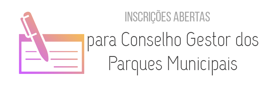 Arte com fundo branco. À esquerda, está a figura de uma cédula de voto e de uma caneta com contornos cor-de-rosa. Ao lado, estão os dizeres: "Inscrições Abertas para Conselho Gestor dos Parques Municipais".