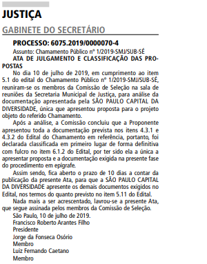 Recorte do Diário Oficial do Município de São Paulo com a publicação da Ata de Julgamento e Classificação das Propostas do Chamamento Público