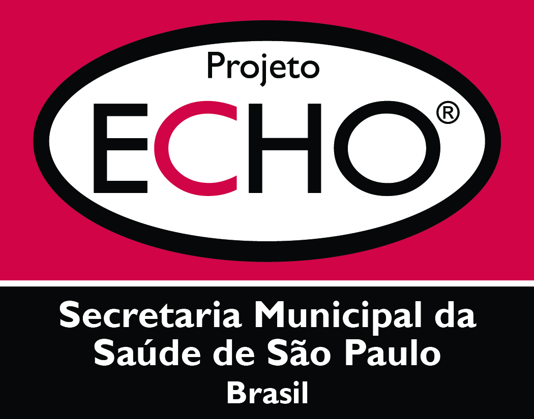 Logo do projeto ECHO, formado por um retângulo de fundo vinho e uma forma de elipse branca e contorno preto ao centro. Dentro há o texto Projeto ECHO em preto, com somente a letra C em vinho. Abaixo de tudo, há uma caixa preta com o texto Secretaria Municipal da Saúde de São Paulo - Brasil em branco