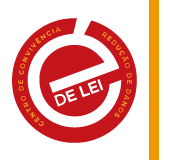 Logo do É de Lei, formado pela palavra é, escrita em branco e em minúscula, circulada por um contorno vermelho. Nesse círculo lateral, dentro há o texto CENTRO DE CONVIVÊNCIA, todo escrito em amarelo e em maiúsculo, localizado mais à esquerda. Do lado direito, ainda dentro do círculo, há o texto REDUÇÃO DE DANOS, escrito em maiúsculo e em amarelo. Dentro da palavra é central, está escrito em branco e todo em maiúsculo DE LEI. 