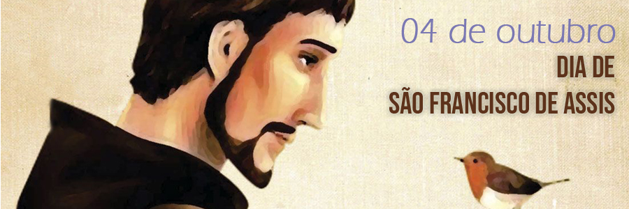Ilustração de São Francisco de Assis - um homem de perfil, com cabelos e barba castanhos - à esquerda e de um pássaro à direita - ambos se olham. Acima do pássaro, estão os dizeres: 4 de outubro - Dia de São Francisco de Assis.