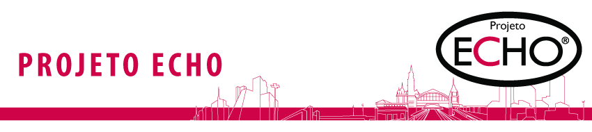 Banner superior com fundo branco, escrito em rosa escuro Projeto ECHO e logo do projeto à direita. O banner possui ainda uma barra rosa escuro inferior e um contorno dos principais monumentos da cidade de São Paulo.